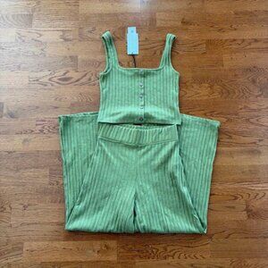 Stradivarius 2 Pc SET Crop Tank Top Pants Ribbed Knit Green S NWT Button Front